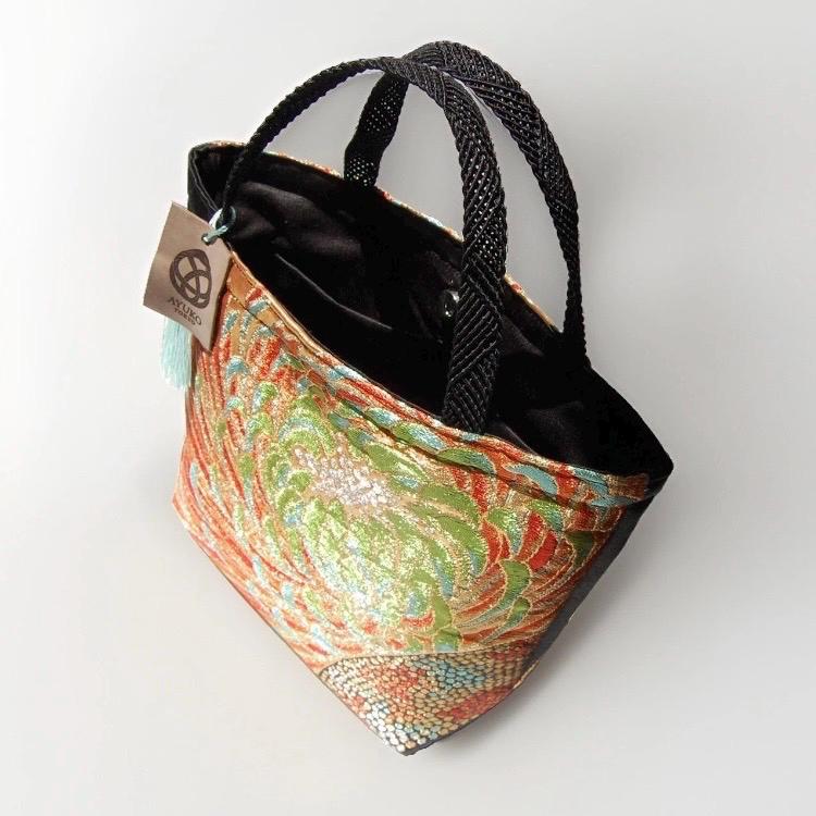 Rangiku 乱菊 Chrysanthemum Vintage Obi Silk Tote in Black Gold Orange Green — image 7