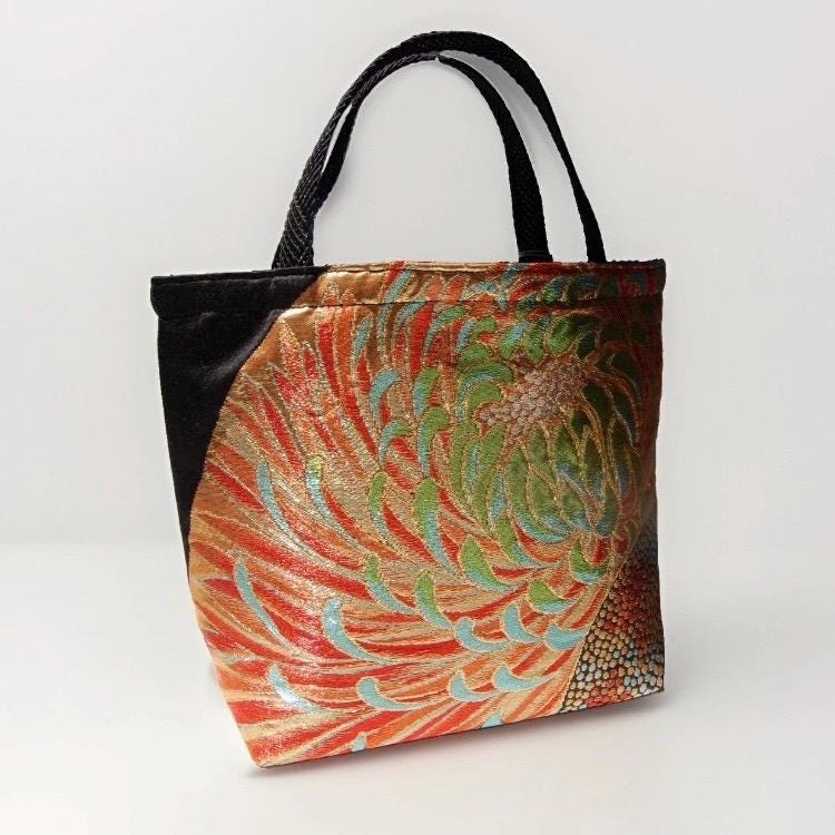 Rangiku 乱菊 Chrysanthemum Vintage Obi Silk Tote in Black Gold Orange Green — image 4