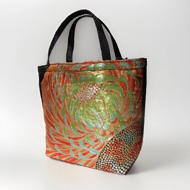 Rangiku 乱菊 Chrysanthemum Vintage Obi Silk Tote in Black Gold Orange Green — image 8