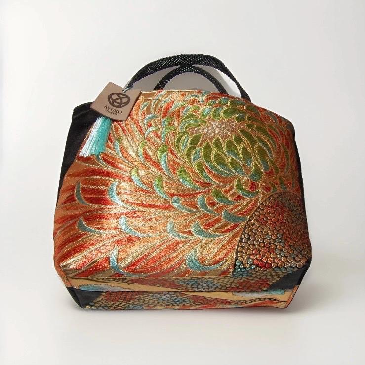 Rangiku 乱菊 Chrysanthemum Vintage Obi Silk Tote in Black Gold Orange Green — image 6