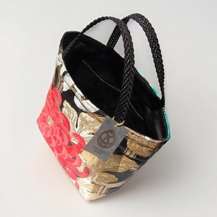 Two-Sided Rangiku 乱菊 Chrysanthemum & Kikkō Vintage Obi Silk Tote in Red White Black Gold — image 8