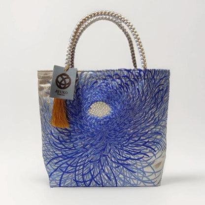 Rangiku 乱菊 Chrysanthemum Vintage Obi Silk Tote in Blue Silver