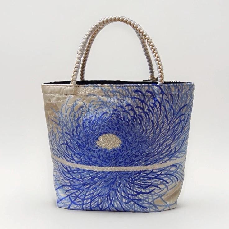Rangiku 乱菊 Chrysanthemum Vintage Obi Silk Tote in Blue Silver — image 8