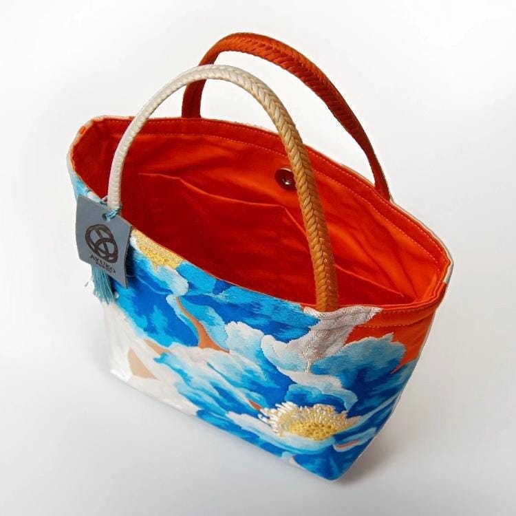 Peony Vintage Obi Silk Tote in Blue Silver Orange — image 5