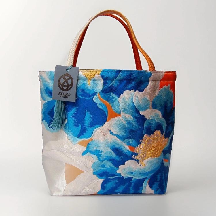 Peony Vintage Obi Silk Tote in Blue Silver Orange