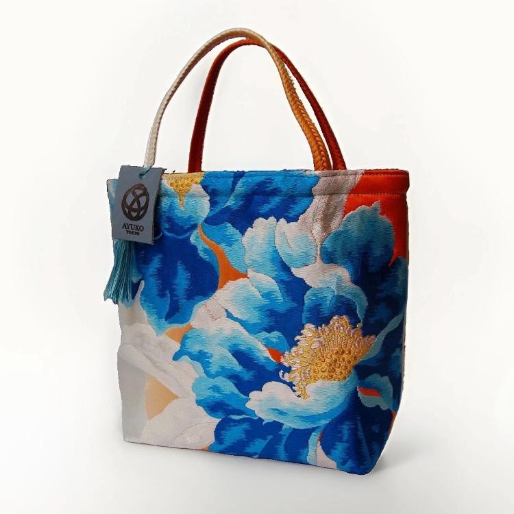 Peony Vintage Obi Silk Tote in Blue Silver Orange — image 3