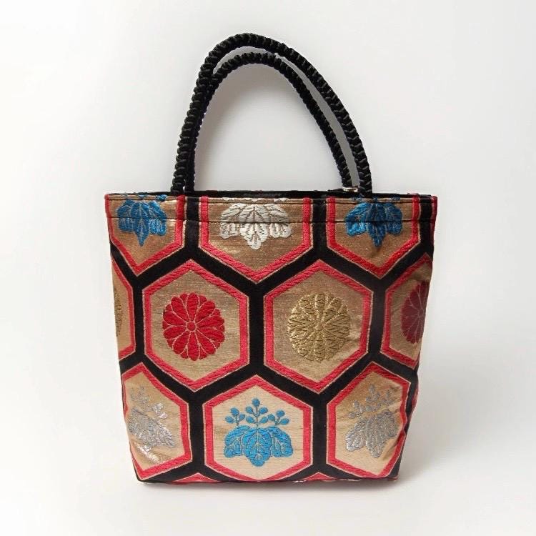 Kikkō Geometric Vintage Obi Silk Tote in Ivory Gold Vermilion Black Blue — image 8