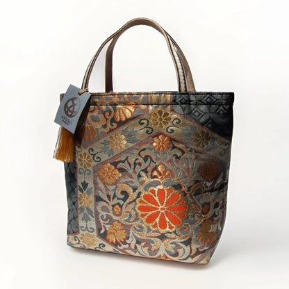Kikkō Chrysanthemum Vintage Obi Silk Tote in Navy Gold Orange — image 5