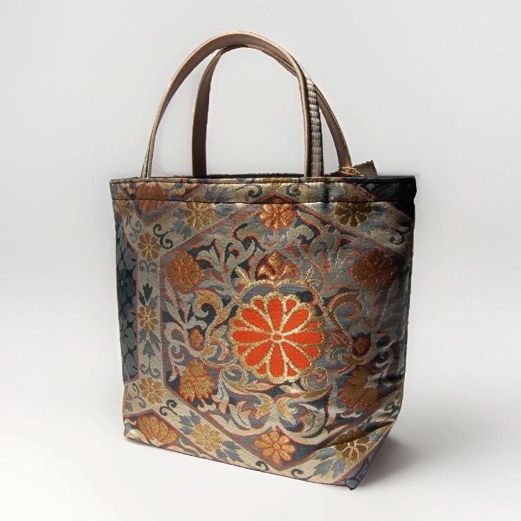 Kikkō Chrysanthemum Vintage Obi Silk Tote in Navy Gold Orange — image 7