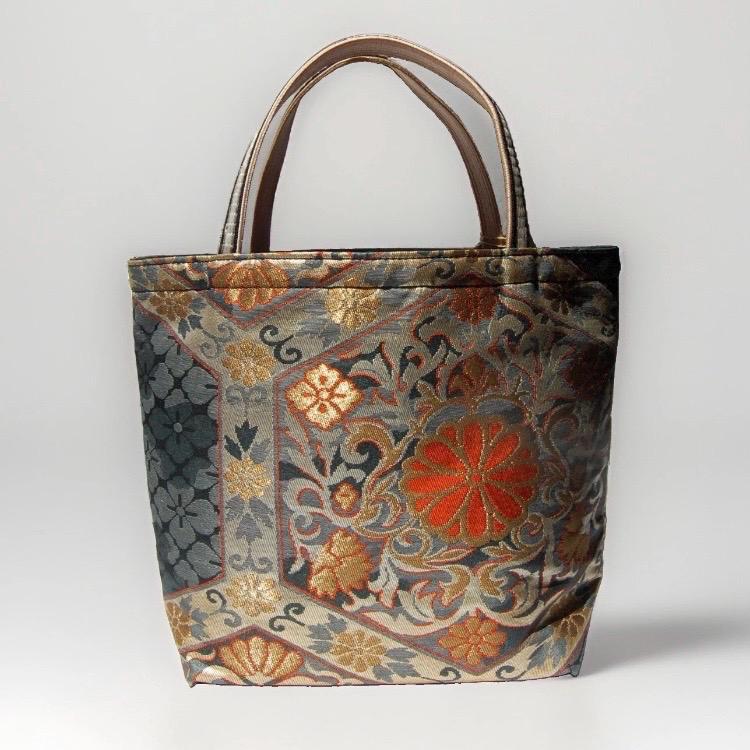 Kikkō Chrysanthemum Vintage Obi Silk Tote in Navy Gold Orange — image 2