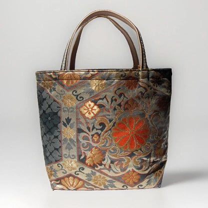 Kikkō Chrysanthemum Vintage Obi Silk Tote in Navy Gold Orange — image 2
