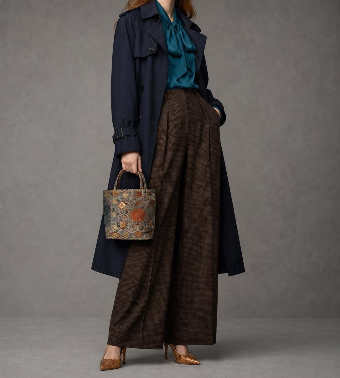Kikkō Chrysanthemum Vintage Obi Silk Tote in Navy Gold Orange — image 3