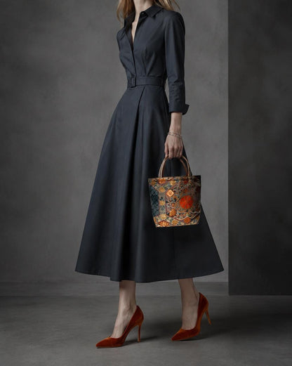 Kikkō Chrysanthemum Vintage Obi Silk Tote in Navy Gold Orange — image 4