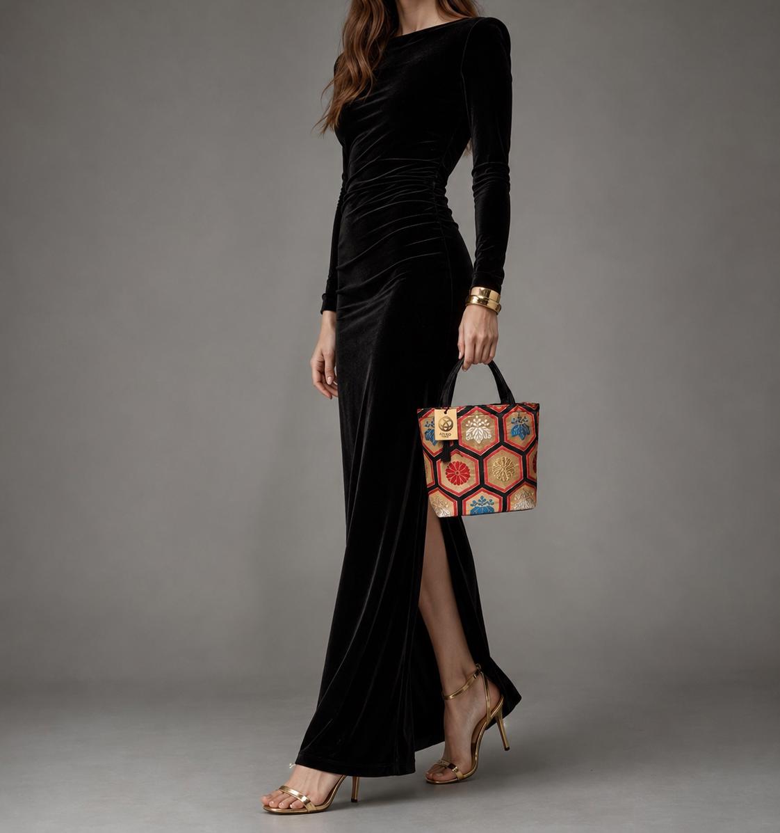 Kikkō Geometric Vintage Obi Silk Tote in Ivory Gold Vermilion Black Blue — image 2