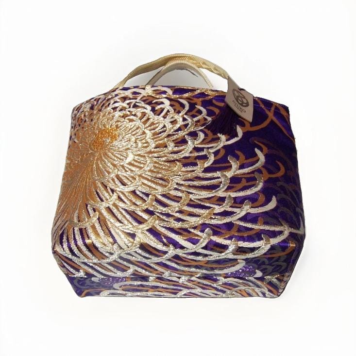 Rangiku 乱菊 Chrysanthemum Vintage Obi Silk Tote in Violet Blue Silver Champagne Gold — image 8