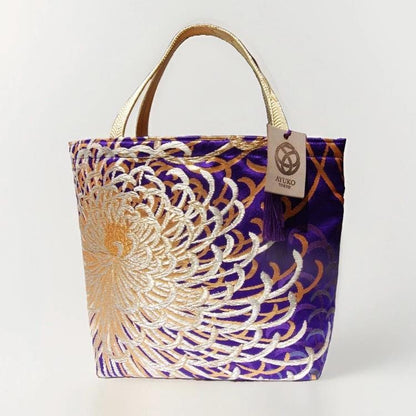 Rangiku 乱菊 Chrysanthemum Vintage Obi Silk Tote in Violet Blue Silver Champagne Gold