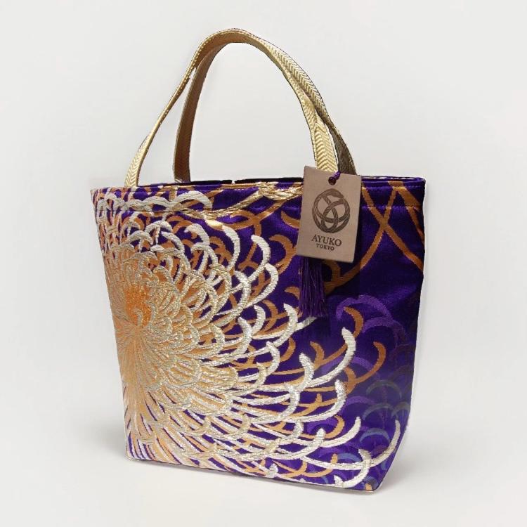 Rangiku 乱菊 Chrysanthemum Vintage Obi Silk Tote in Violet Blue Silver Champagne Gold — image 6