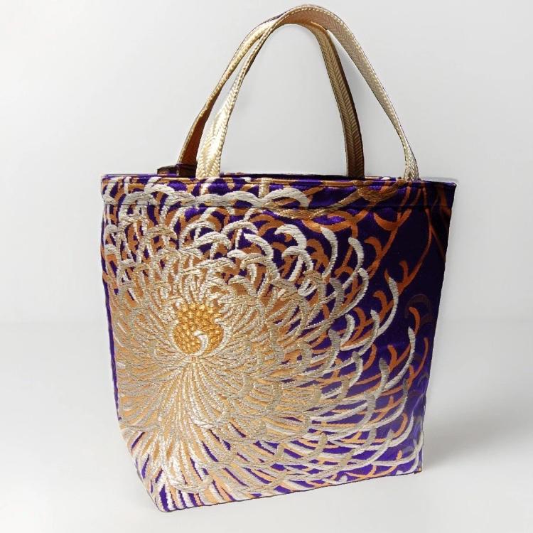 Rangiku 乱菊 Chrysanthemum Vintage Obi Silk Tote in Violet Blue Silver Champagne Gold — image 9