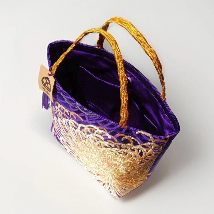 Rangiku 乱菊 Chrysanthemum Vintage Obi Silk Tote in Purple Gold Copper — image 3