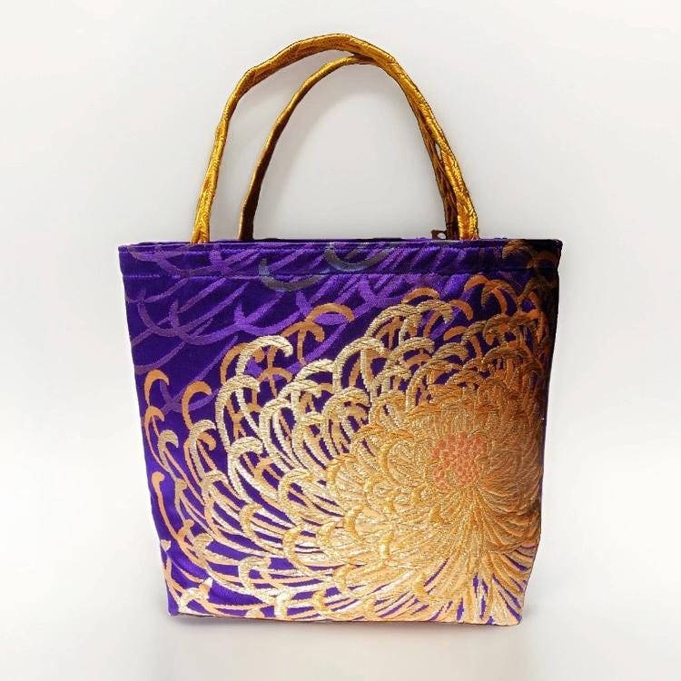 Rangiku 乱菊 Chrysanthemum Vintage Obi Silk Tote in Purple Gold Copper — image 7