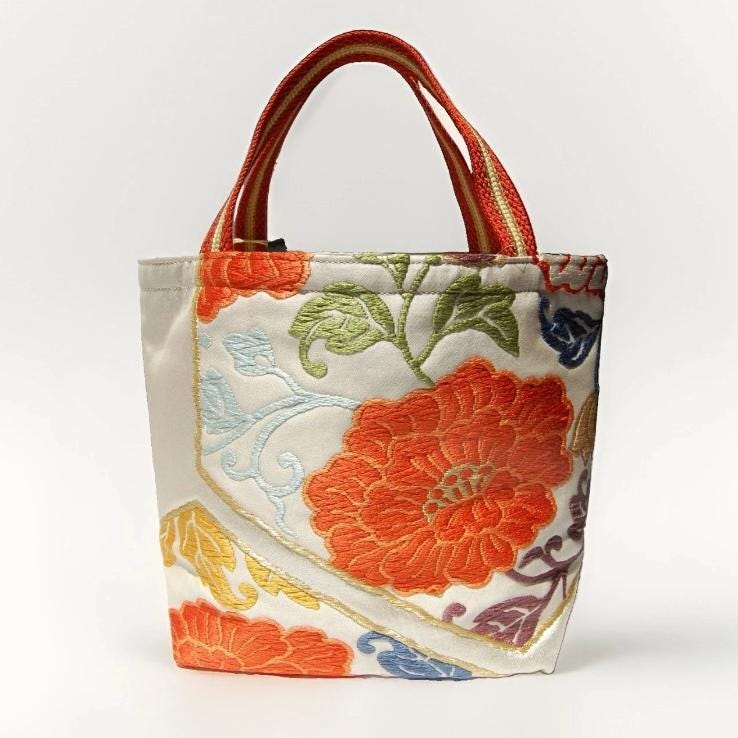 Floral & Hexagon Vintage Obi Silk Tote in Gold Silver — image 9