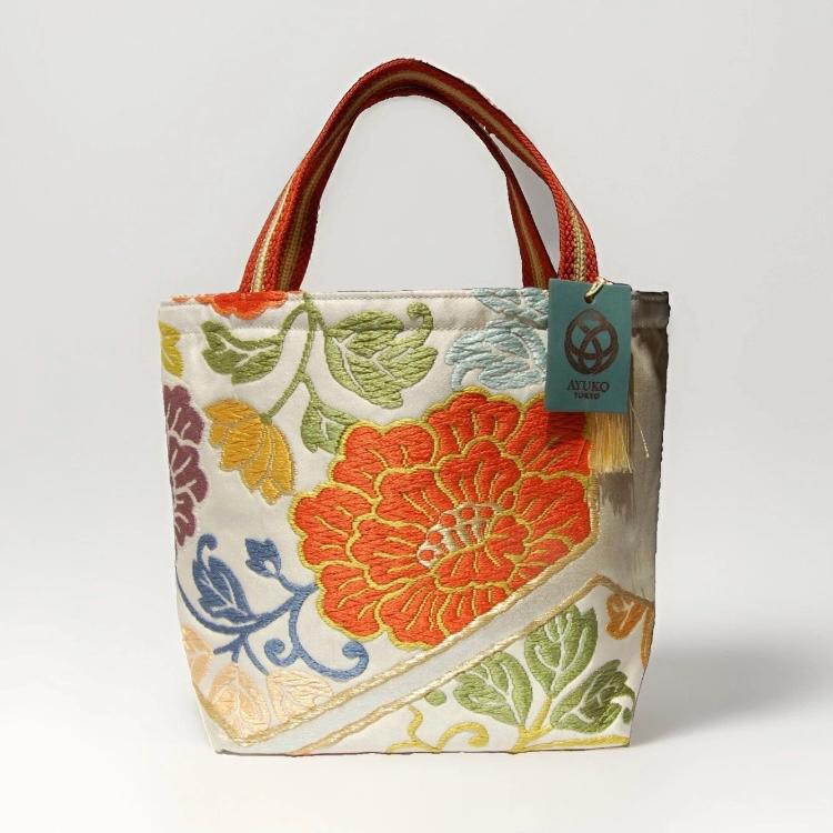 Floral & Hexagon Vintage Obi Silk Tote in Gold Silver