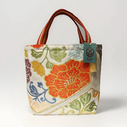Floral & Hexagon Vintage Obi Silk Tote in Gold Silver