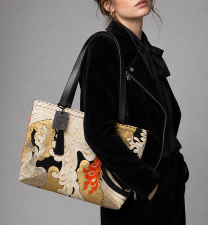 Tatsu-Nami Wave Vintage Obi Silk Large Tote with Himeji Leather Handles — image 2