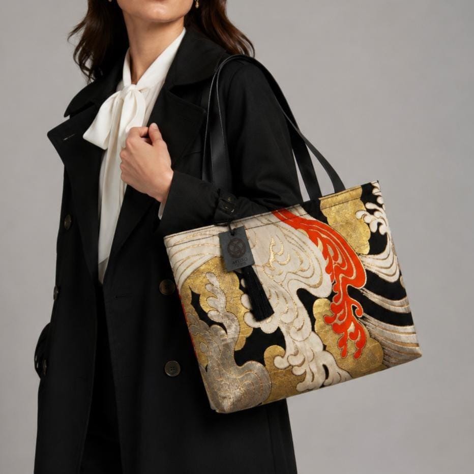 Tatsu-Nami Wave Vintage Obi Silk Large Tote with Himeji Leather Handles