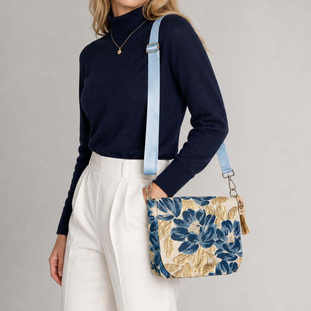Floral Vintage Obi Silk Large Shoulder Bag in Blue Gold Ivory Beige — image 3