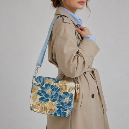 Floral Vintage Obi Silk Large Shoulder Bag in Blue Gold Ivory Beige — image 2