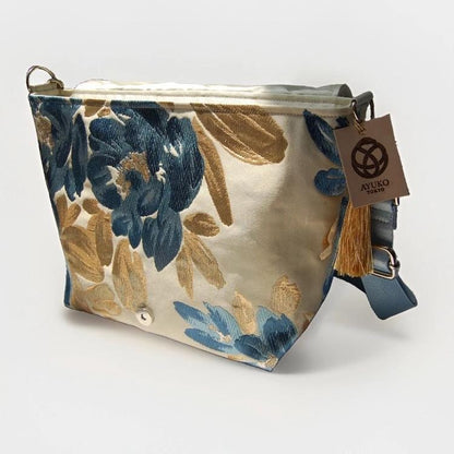 Floral Vintage Obi Silk Large Shoulder Bag in Blue Gold Ivory Beige — image 9