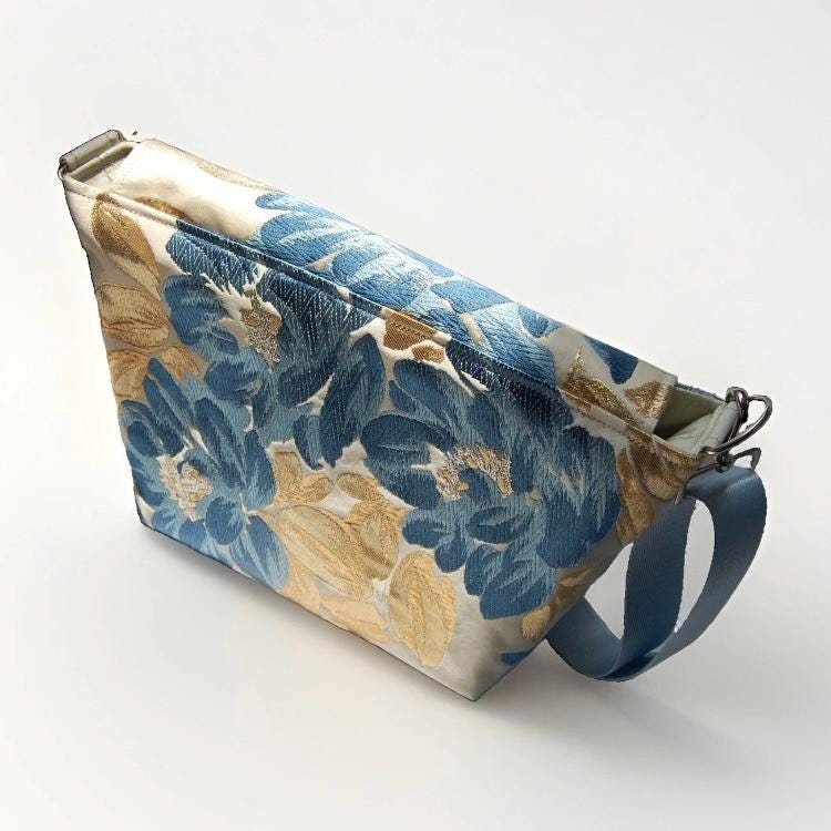 Floral Vintage Obi Silk Large Shoulder Bag in Blue Gold Ivory Beige — image 8