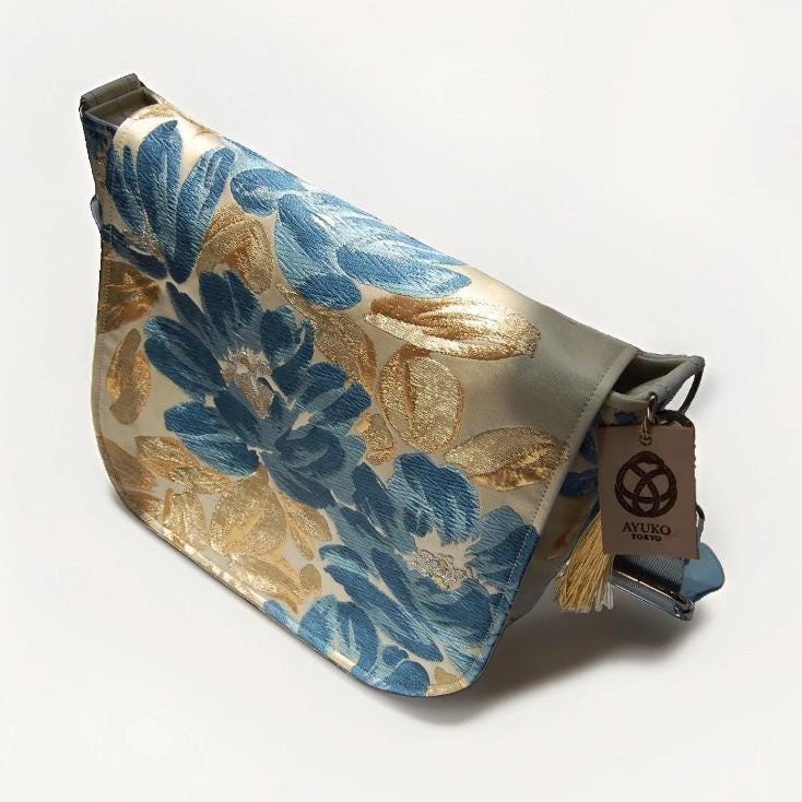 Floral Vintage Obi Silk Large Shoulder Bag in Blue Gold Ivory Beige — image 7