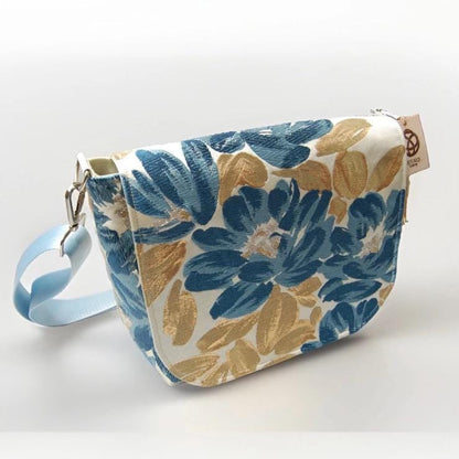Floral Vintage Obi Silk Large Shoulder Bag in Blue Gold Ivory Beige — image 4