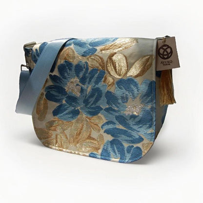 Floral Vintage Obi Silk Large Shoulder Bag in Blue Gold Ivory Beige