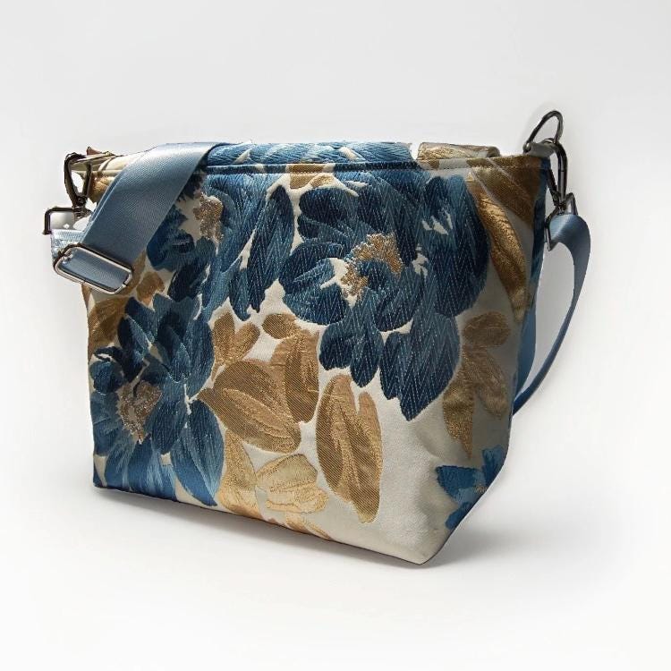 Floral Vintage Obi Silk Large Shoulder Bag in Blue Gold Ivory Beige — image 5