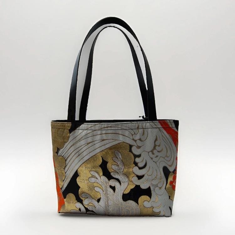 Tatsu-Nami Wave Vintage Obi Silk Large Tote with Himeji Leather Handles — image 9
