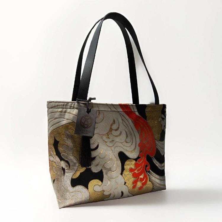 Tatsu-Nami Wave Vintage Obi Silk Large Tote with Himeji Leather Handles — image 5