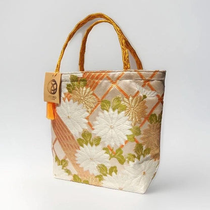 Kiku Chrysanthemum Vintage Obi Silk Tote in Gold Ivory Green — image 4