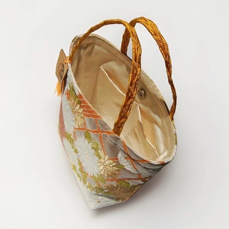 Kiku Chrysanthemum Vintage Obi Silk Tote in Gold Ivory Green — image 7