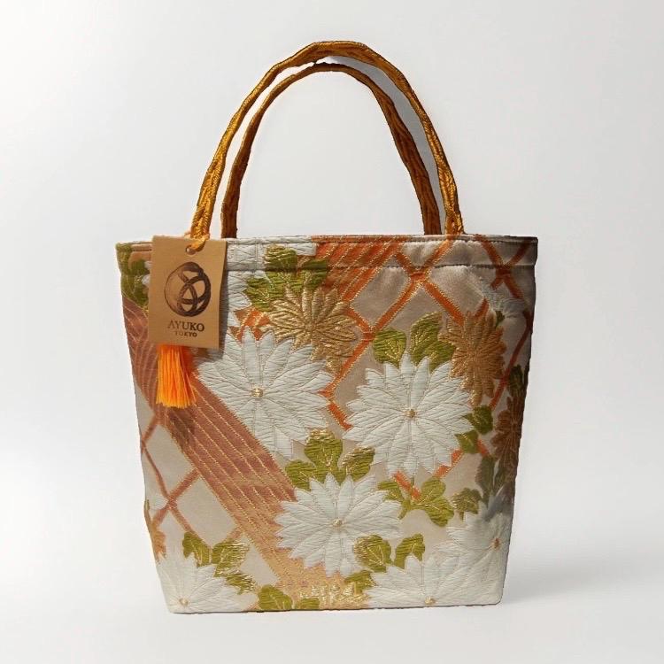 Kiku Chrysanthemum Vintage Obi Silk Tote in Gold Ivory Green