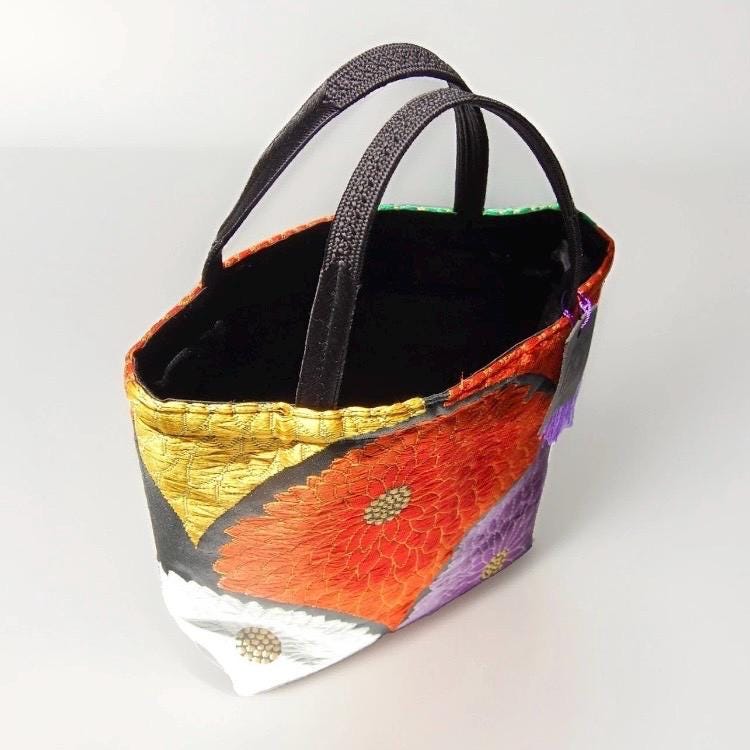 Chrysanthemum Vintage Obi Silk Tote in Black Orange Violet Ivory Gold — image 8