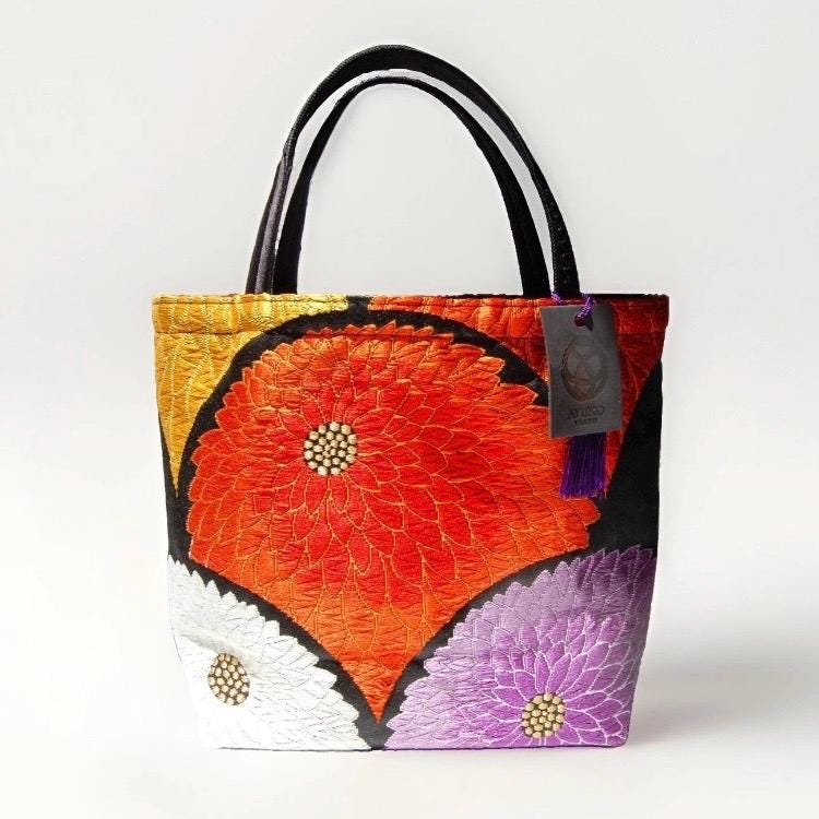 Chrysanthemum Vintage Obi Silk Tote in Black Orange Violet Ivory Gold