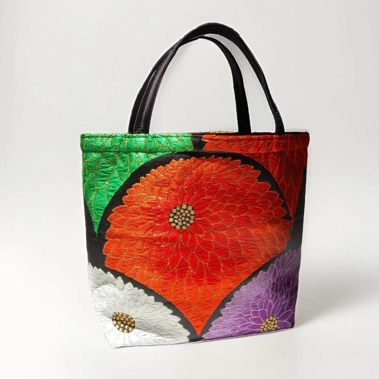 Chrysanthemum Vintage Obi Silk Tote in Black Orange Violet Ivory Gold — image 6