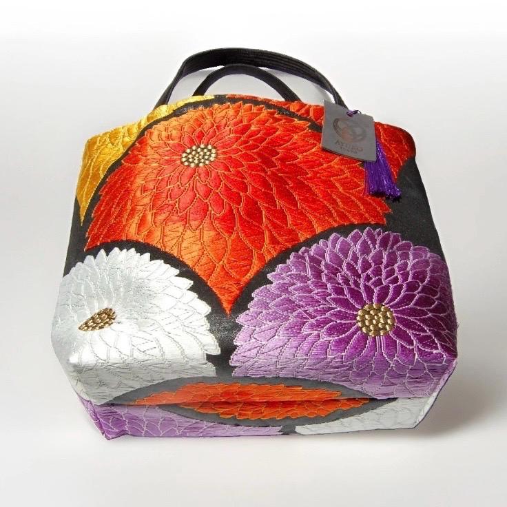 Chrysanthemum Vintage Obi Silk Tote in Black Orange Violet Ivory Gold — image 7