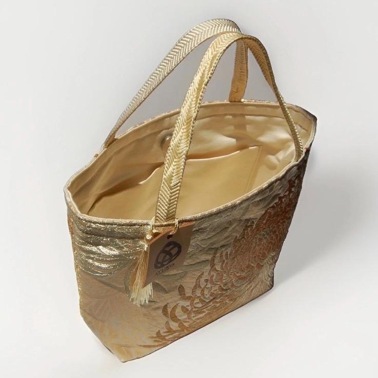 Rangiku 乱菊 Chrysanthemum Vintage Obi Silk Tote in Beige Champagne Gold — image 8