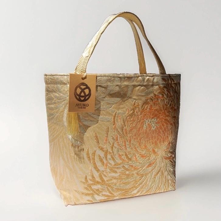 Rangiku 乱菊 Chrysanthemum Vintage Obi Silk Tote in Beige Champagne Gold — image 5