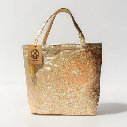 Rangiku 乱菊 Chrysanthemum Vintage Obi Silk Tote in Beige Champagne Gold