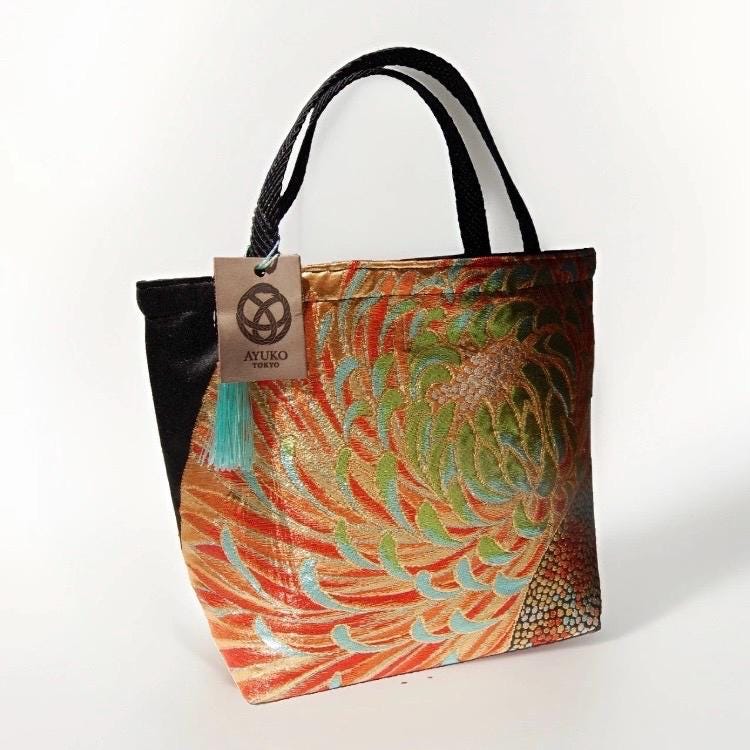 Rangiku 乱菊 Chrysanthemum Vintage Obi Silk Tote in Black Gold Orange Green — image 3